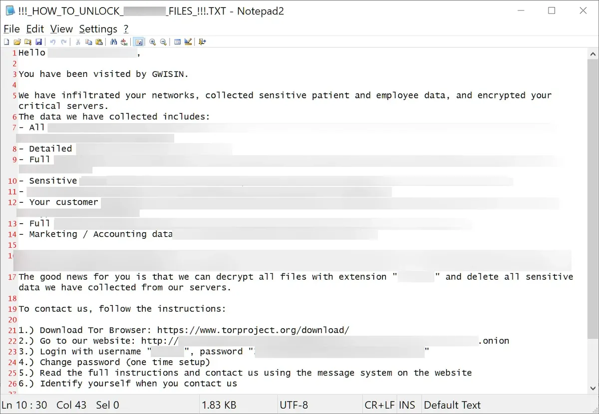 Um exemplo de nota de resgate do GwisinLocker Fonte: BleepingComptuer
