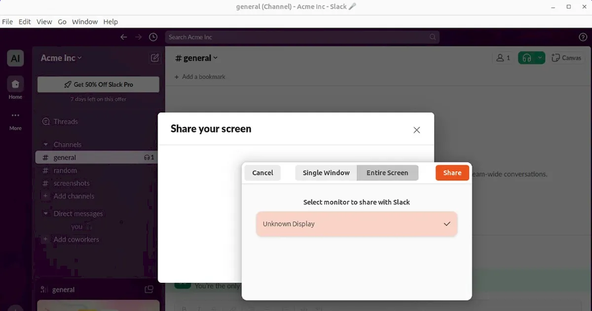Slack corrigiu o compartilhamento de tela no Wayland