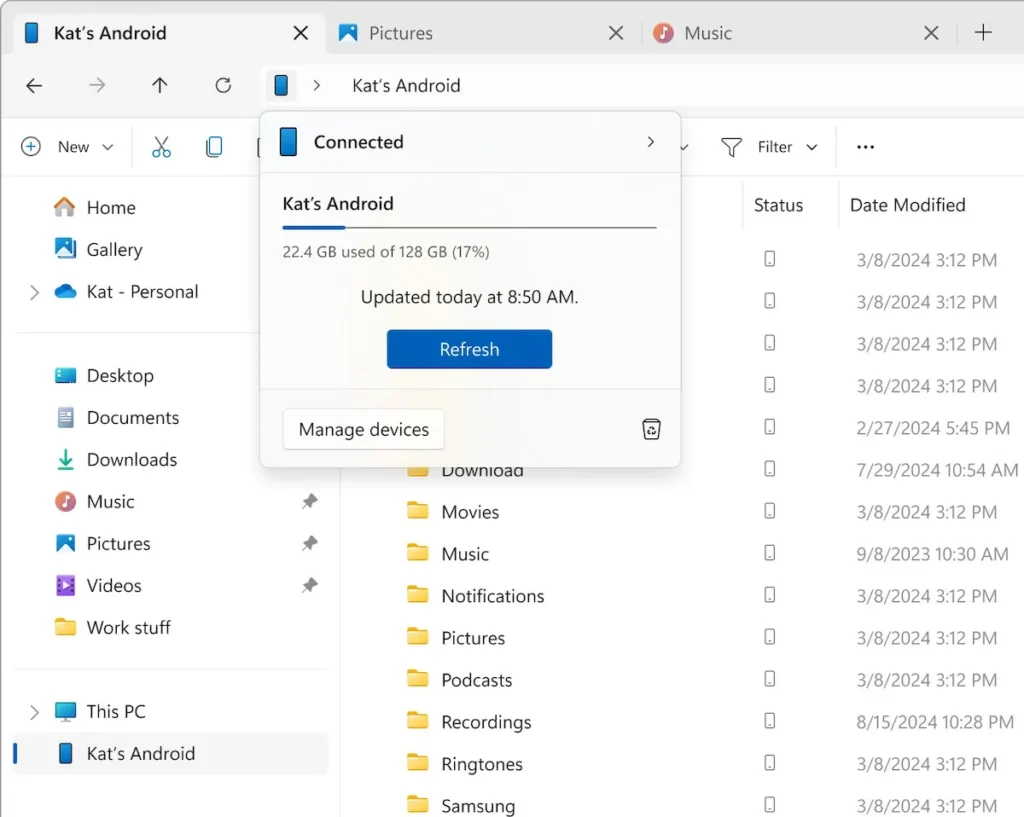 Windows 11 File Explorer ganhará suporte para telefones Android