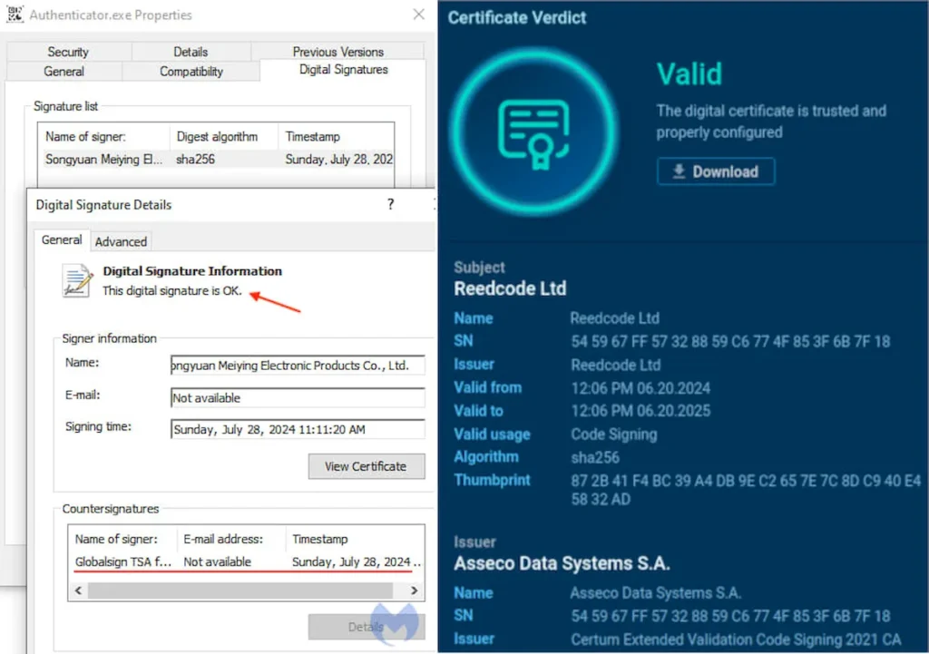 Assinaturas válidas em diferentes amostras do malware