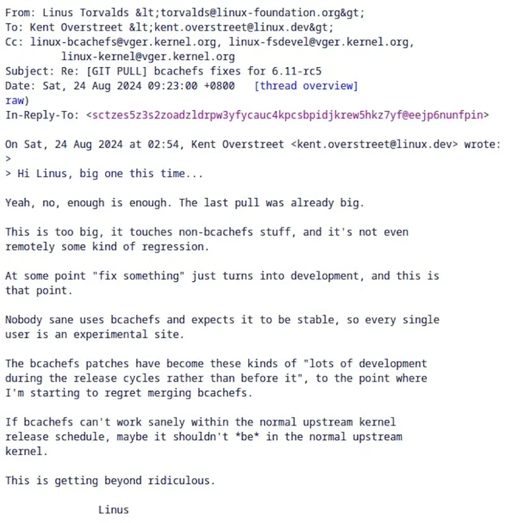 Torvalds está insatisfeito com a fusão do Bcachefs no kernel
