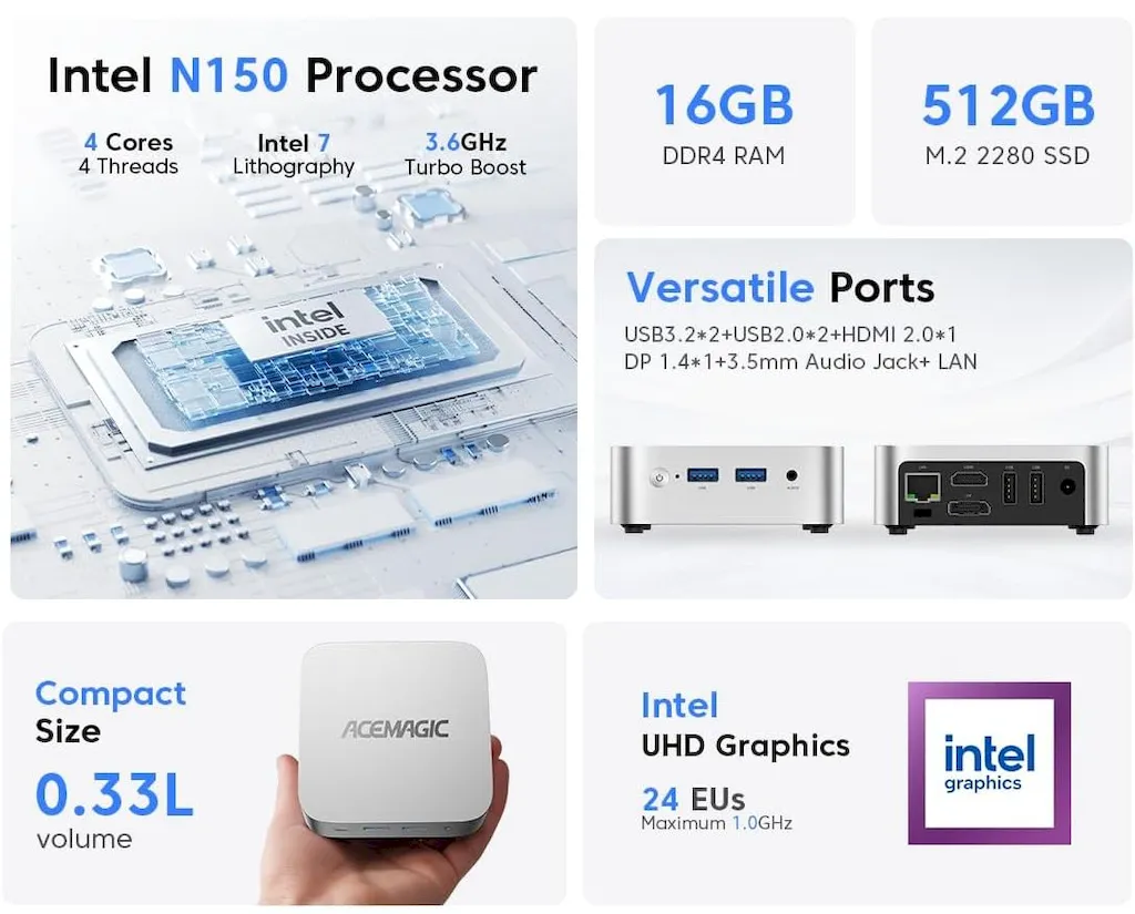 ACEMAGIC V1, um mini PC de 3.9 polegadas com Intel N150