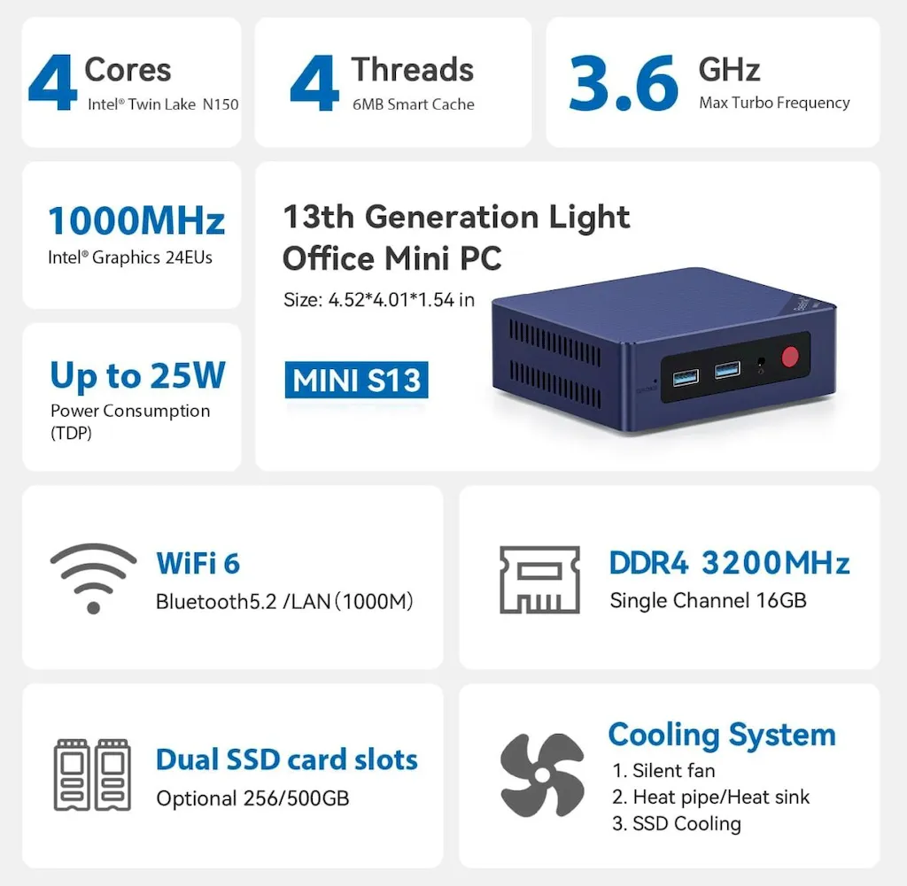 Beelink S13, um mini PC de baixo custo com Intel N150 e dois slots M.2 2280